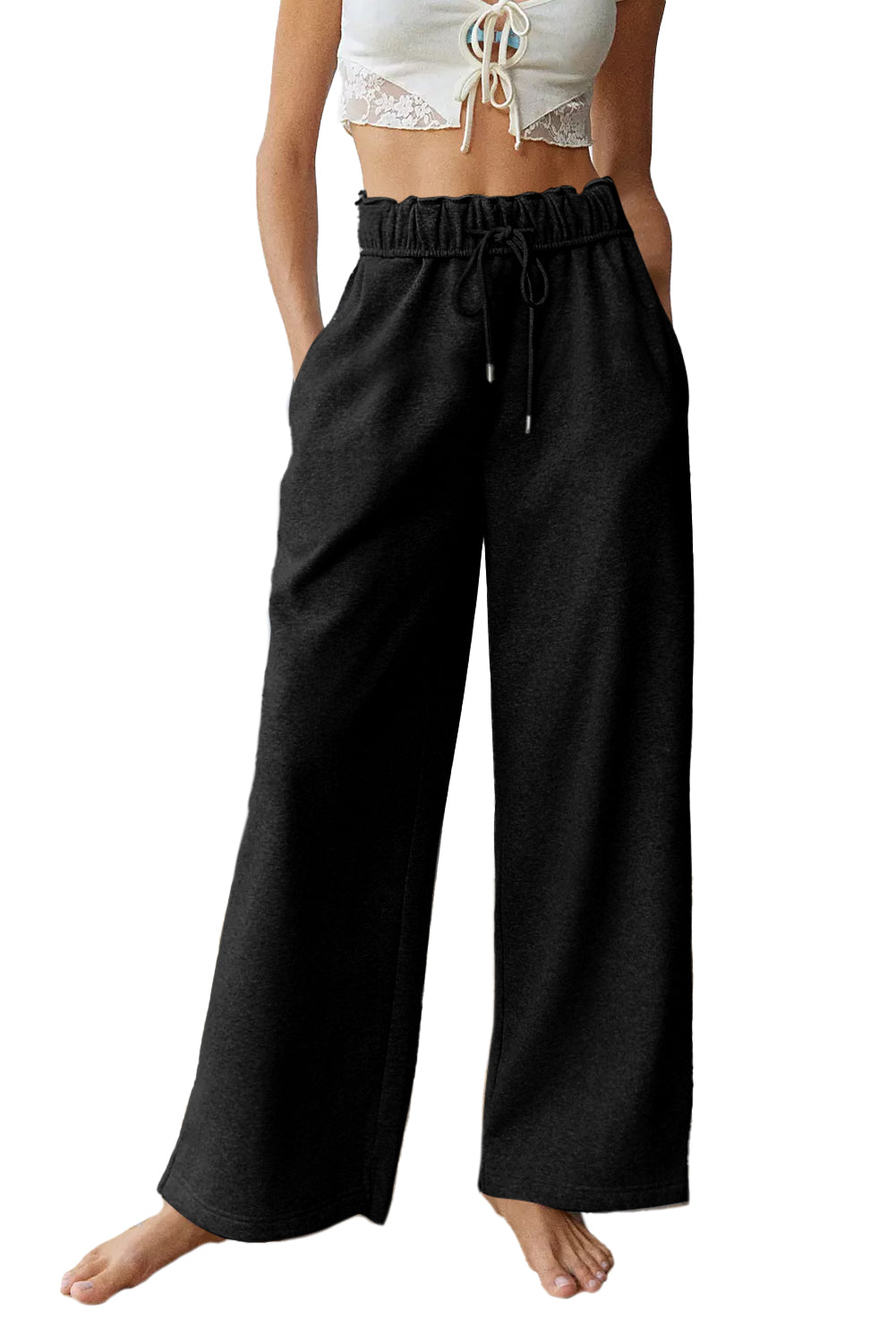 Black Drawstring Wide-Leg Sweatpants