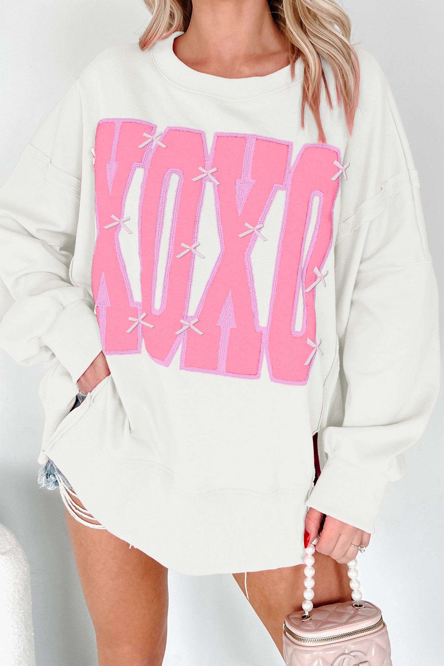 White XOXO Sequin Bow Graphic Sweatshirt