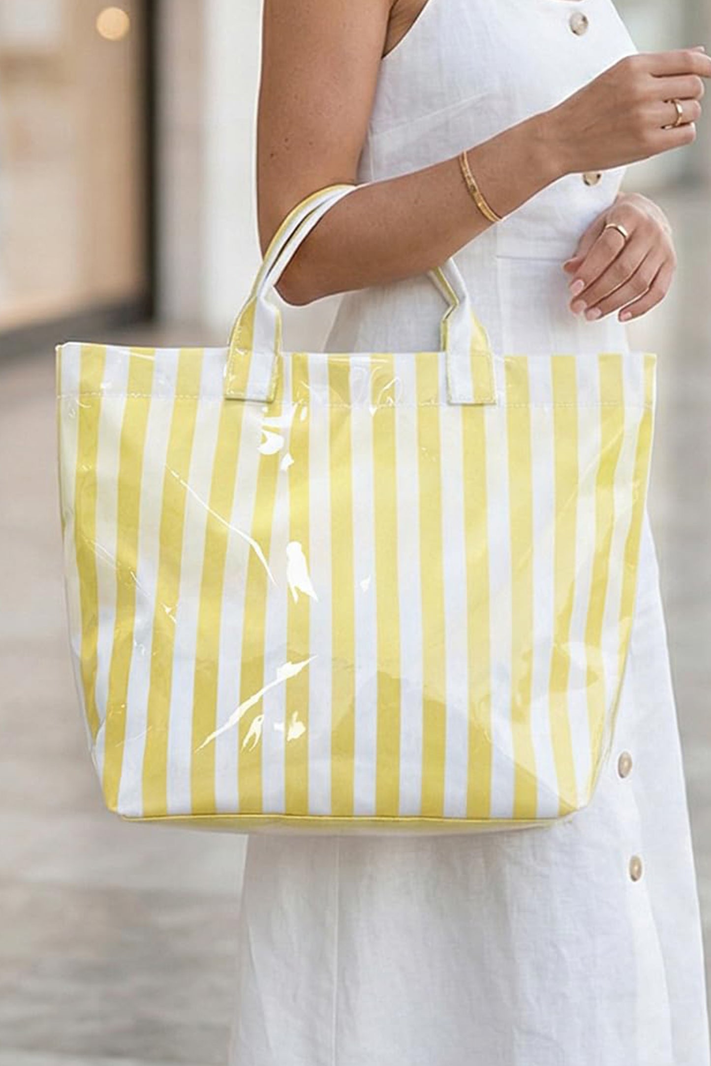 Red Glossy Striped Vinyl Large Tote Bag (Color Varied)