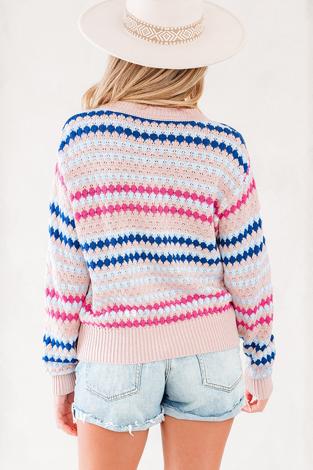 Brown Multicolor Striped Eyelet Sweater