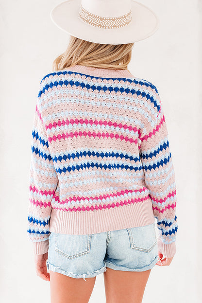 Brown Multicolor Striped Eyelet Sweater