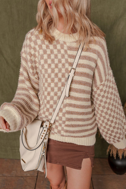 Khaki Checkerboard Striped Sweater