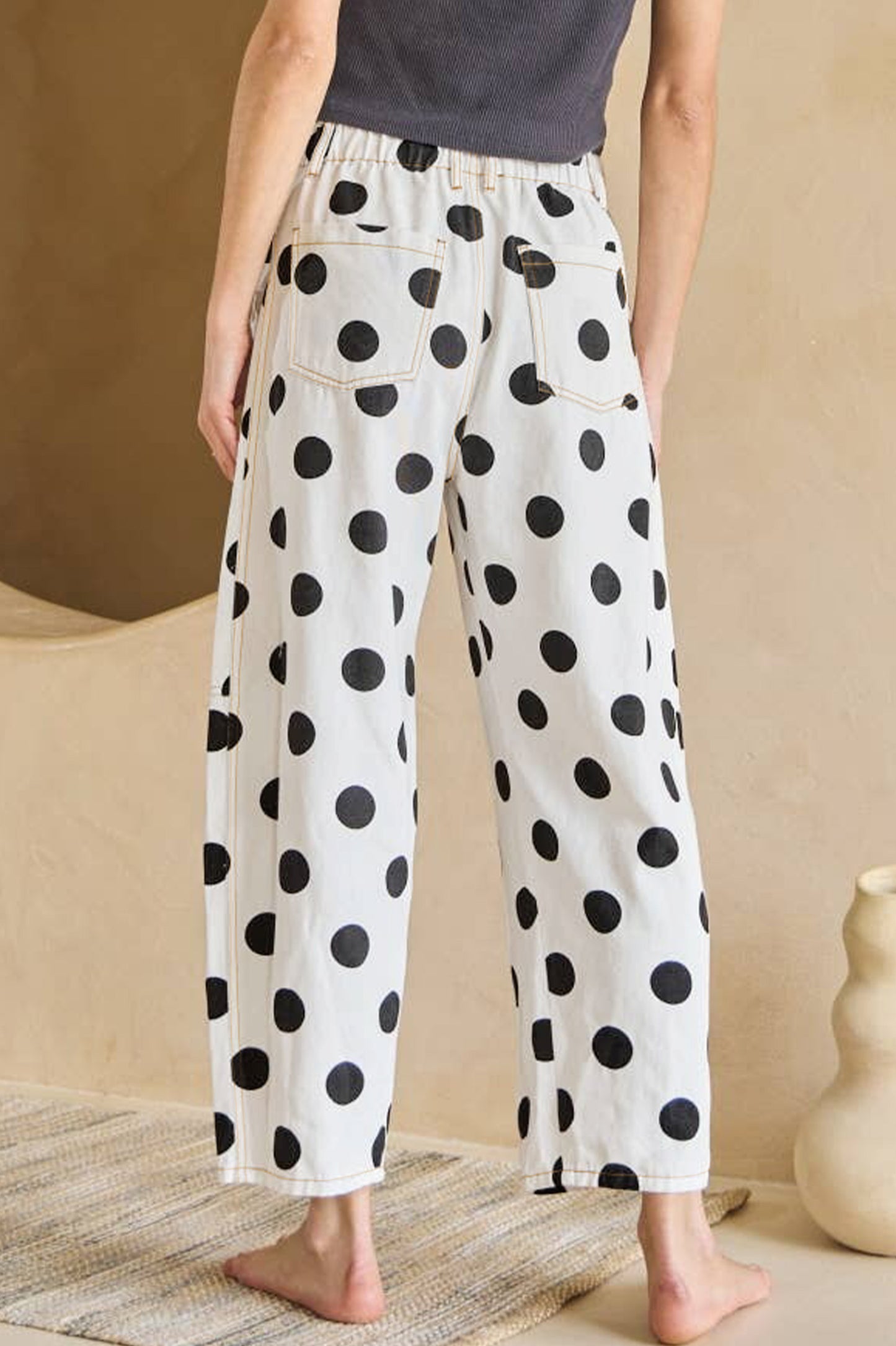 White Polka Dot Print Bow Detail Pocketed Barrel Jeans