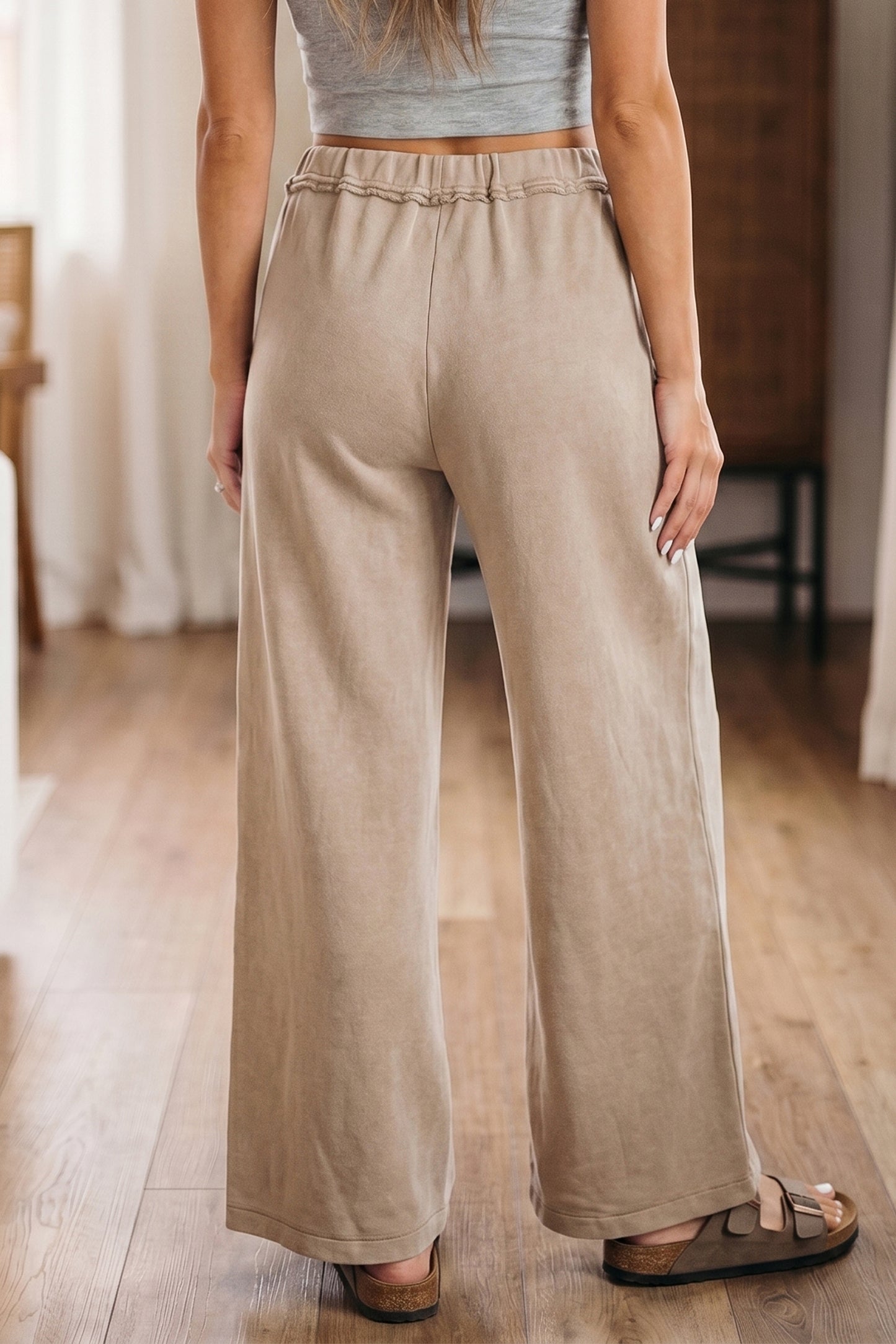 Smoke Gray Mineral Wash Drawstring Retro High-Waist Wide-Leg Pants