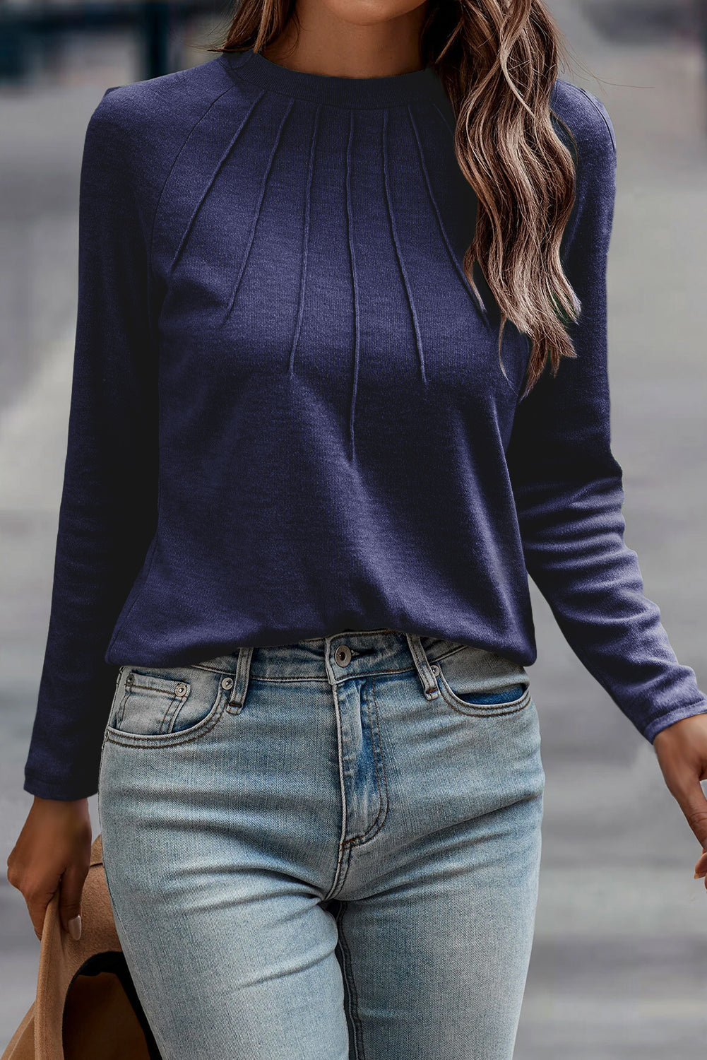 Navy Seam-Detail Raglan Top