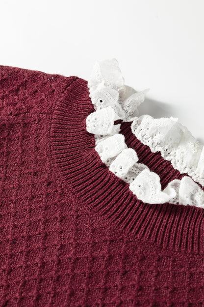 Burgundy Lace-Trim Raglan Sweater