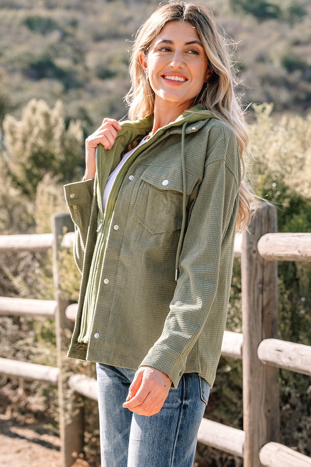 Laurel Green Layered Textured Hooded Jacket