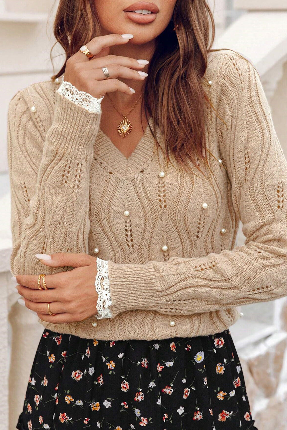 Smoke Gray Beaded Pointelle V-Neck Sweater