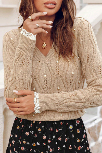 Smoke Gray Beaded Pointelle V-Neck Sweater