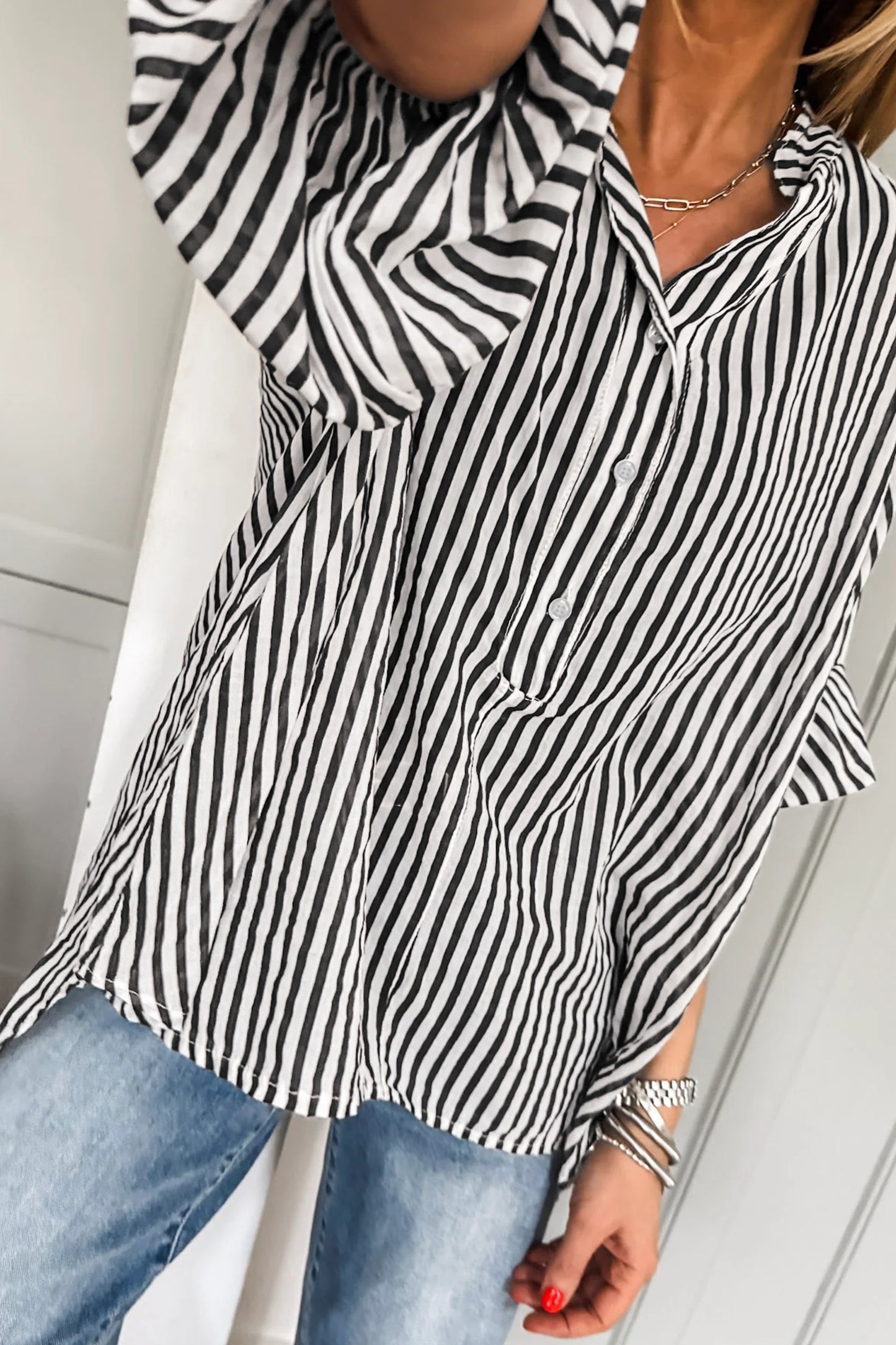 Black Striped Half-Sleeve Button-Up Shirt