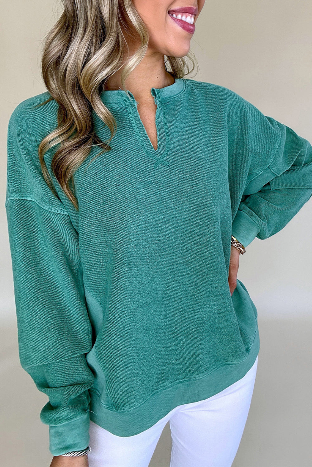 Skobeloff Solid Notched Neck Drop-Shoulder Sweatshirt