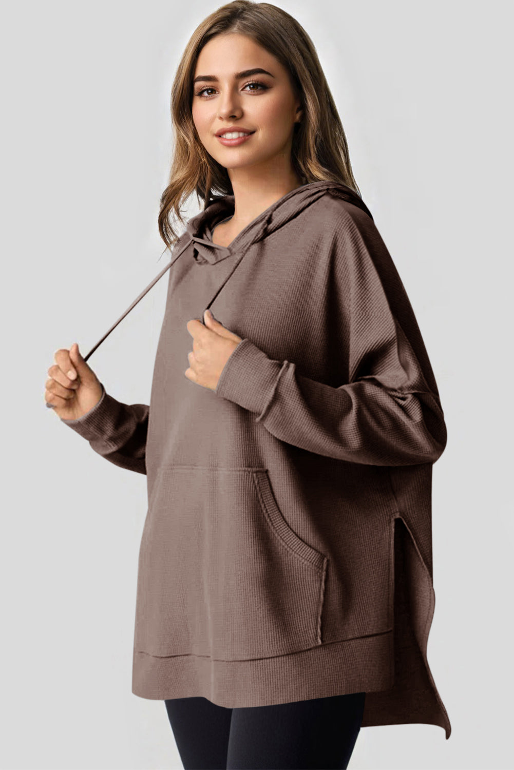 Black Waffle-Knit High-Low Oversized Hoodie