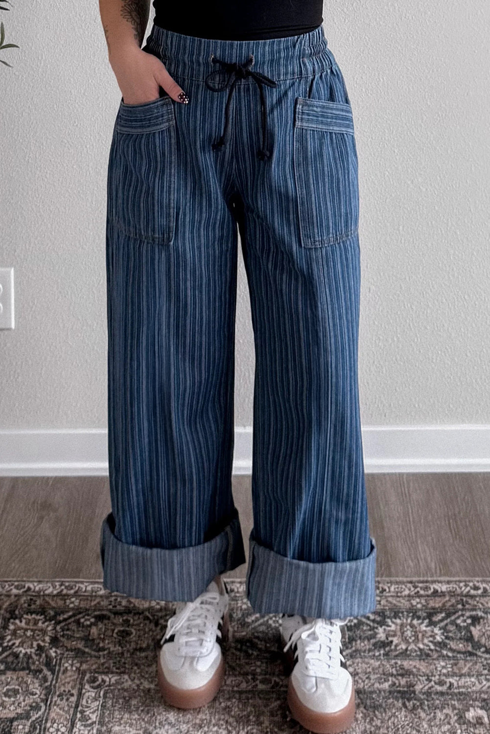 Blue Stripe Drawstring Wide-Leg Jeans