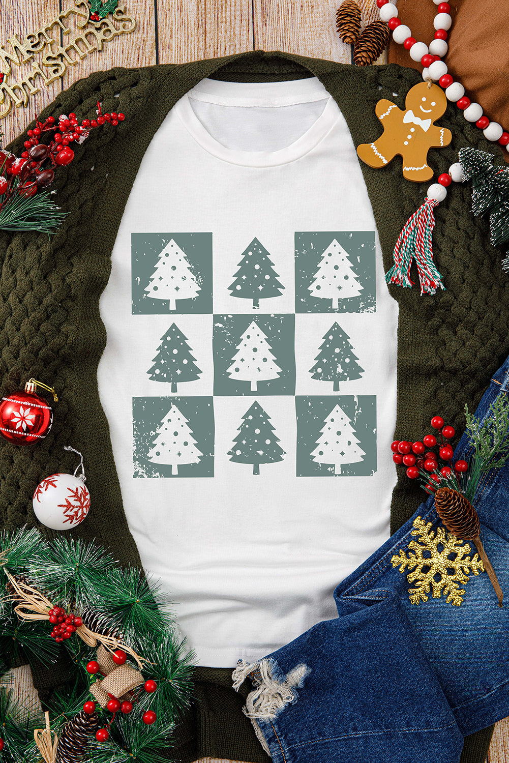 White Christmas Tree Checkerboard Graphic Tee