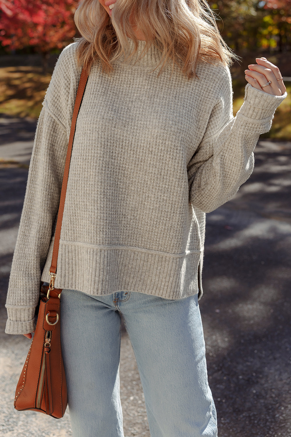 Gray Morn Waffle-Knit High-Neck Sweater