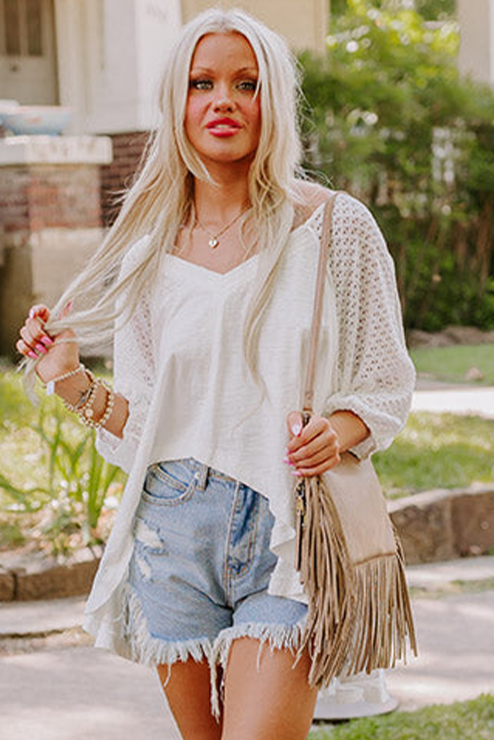 White Eyelet Patchwork Oversized V-Neck Blouse