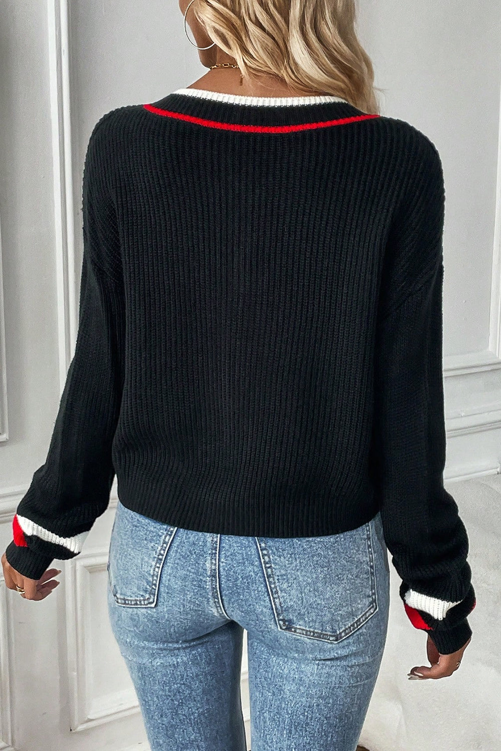 Black Striped-Trim V-Neck Sweater