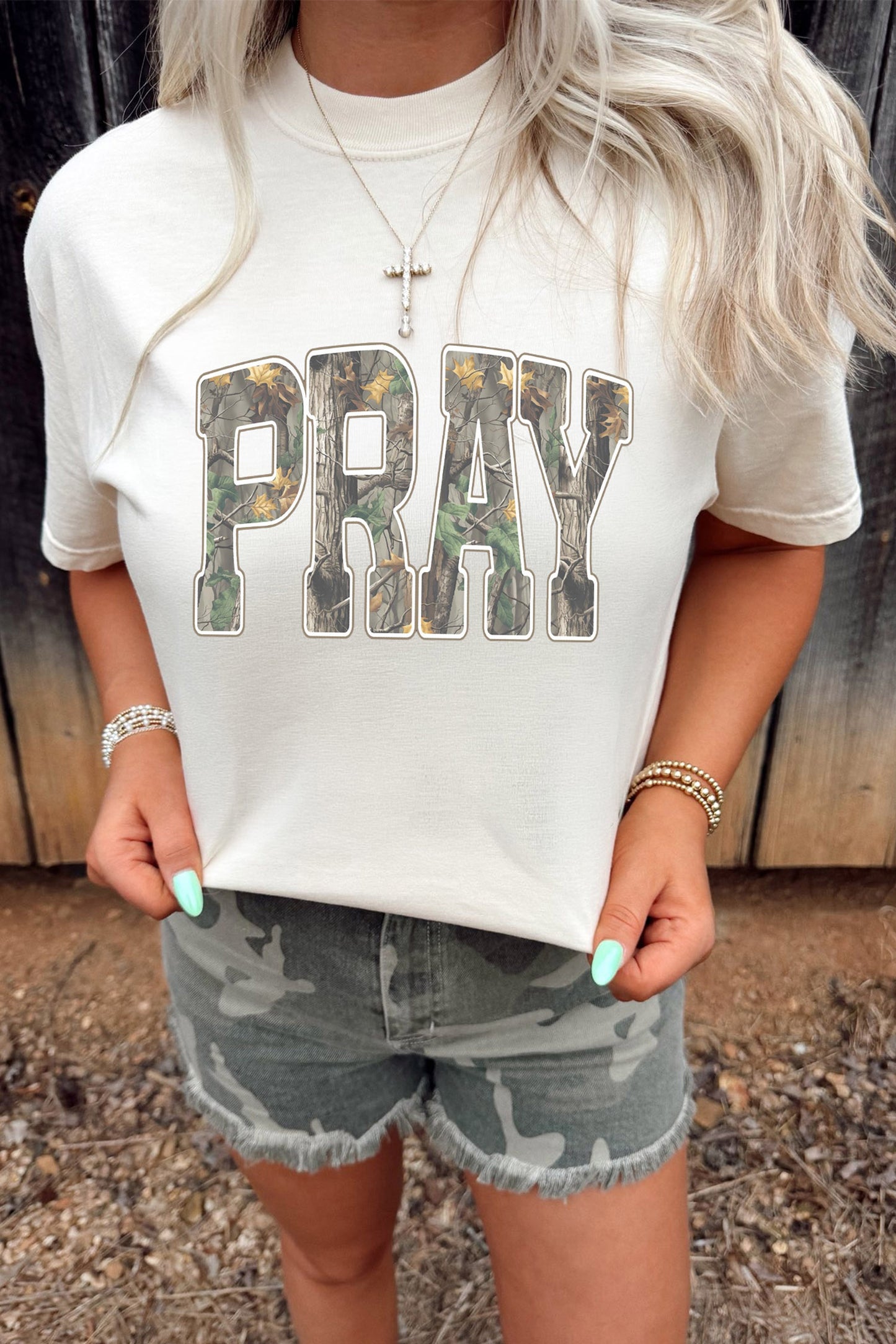 White PRAY Camo Letter Print Casual Round-Neck T-Shirt