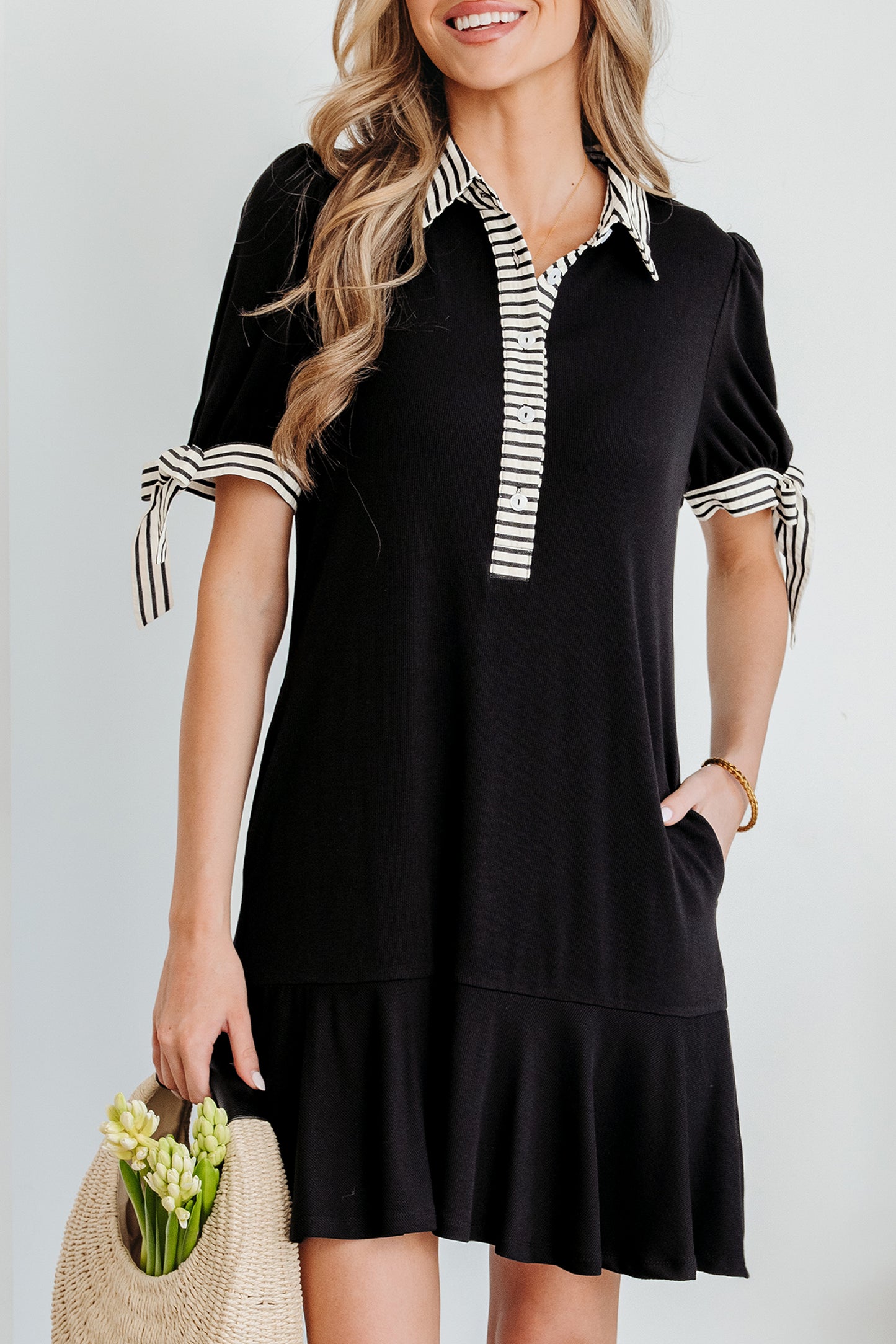 Black Stripe-Trim Polo Mini Dress