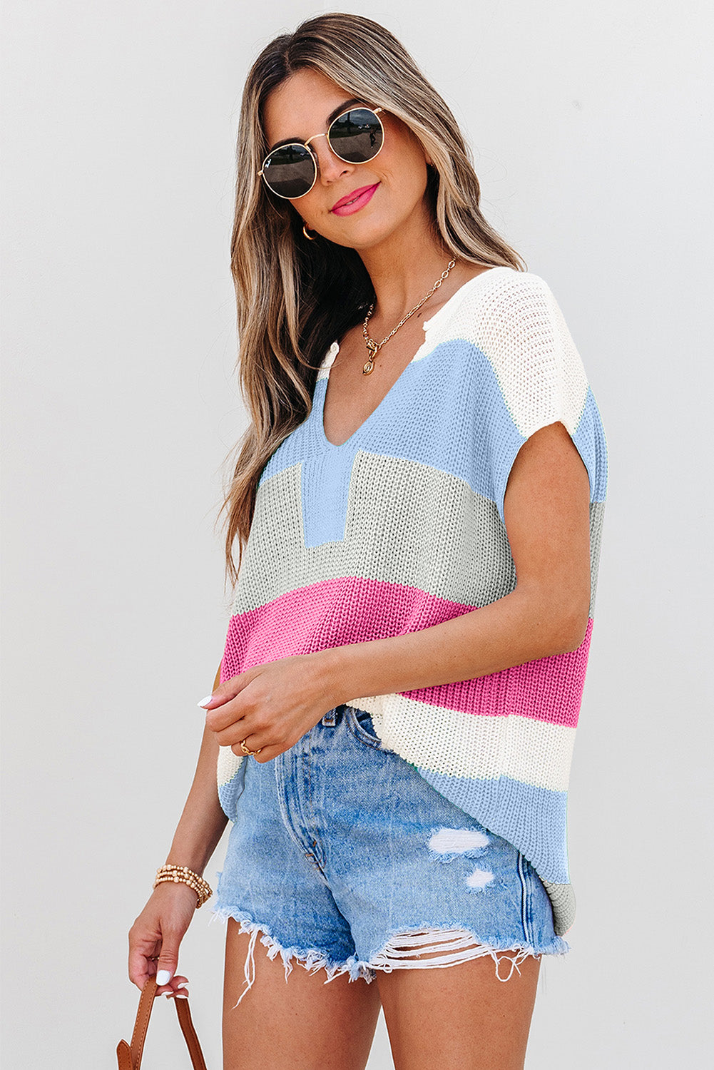 Light Blue Color-Block Notch-Neck Knit Top