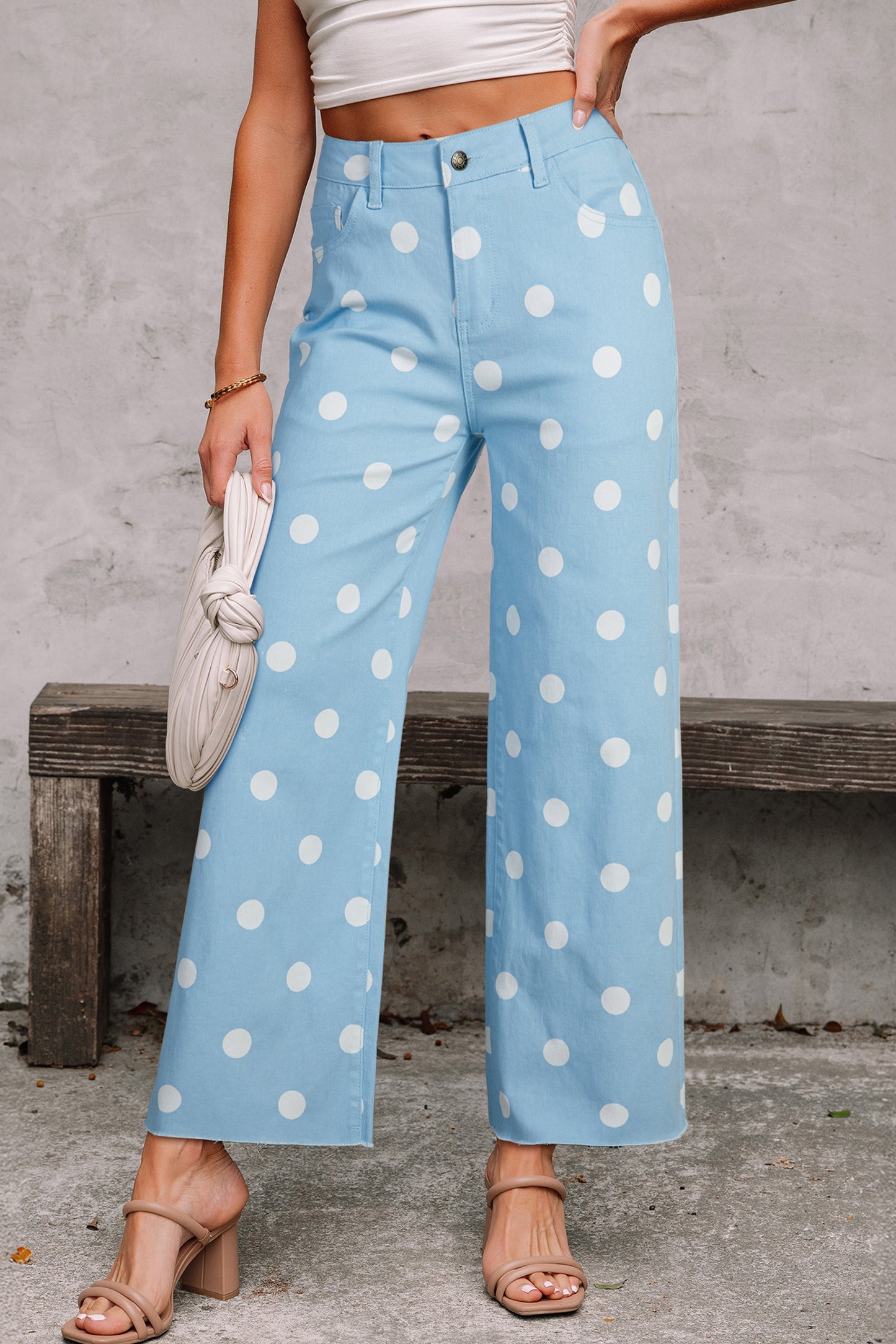 Khaki Polka-Dot Raw-Hem Jeans