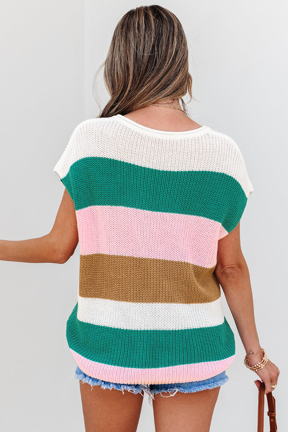 Light Blue Color-Block Notch-Neck Knit Top