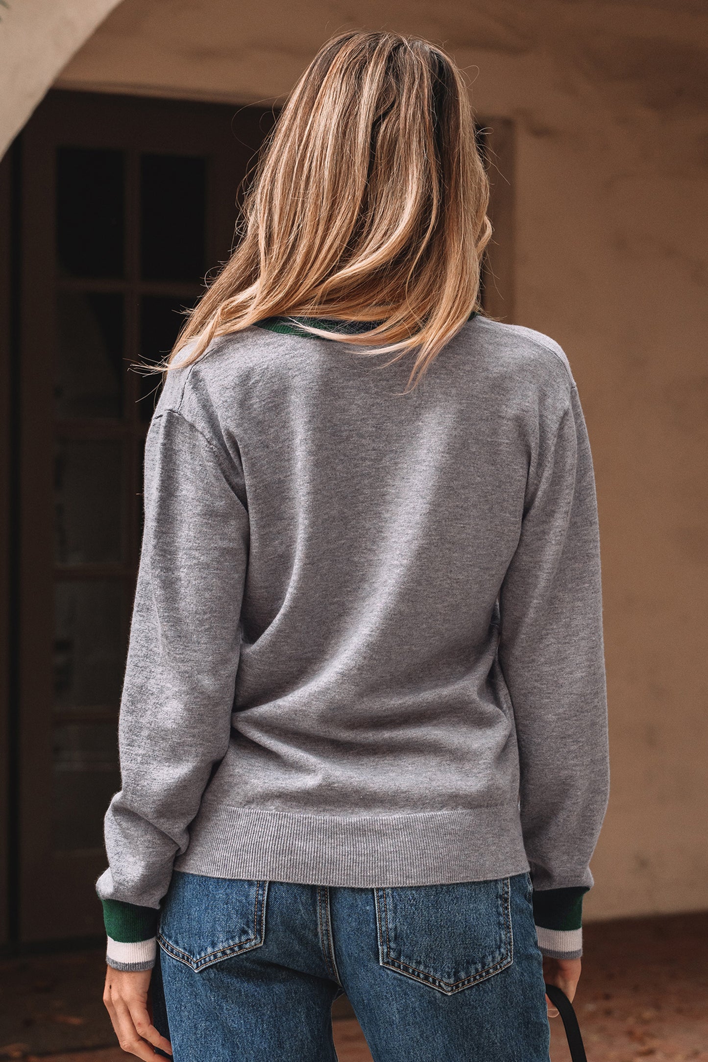 Gray Varsity Striped-Trim Sweater