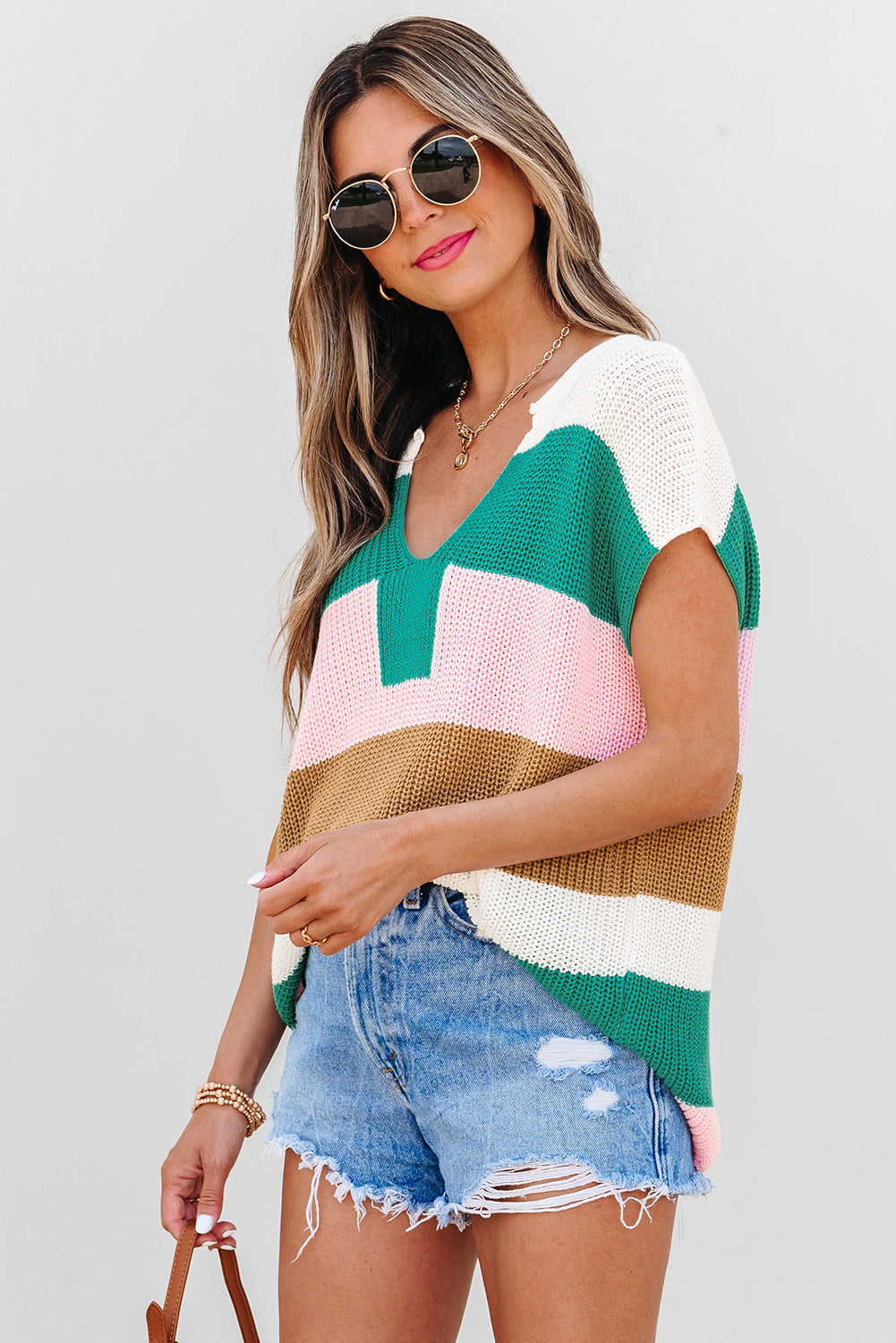 Light Blue Color-Block Notch-Neck Knit Top