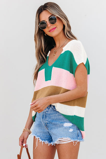 Light Blue Color-Block Notch-Neck Knit Top
