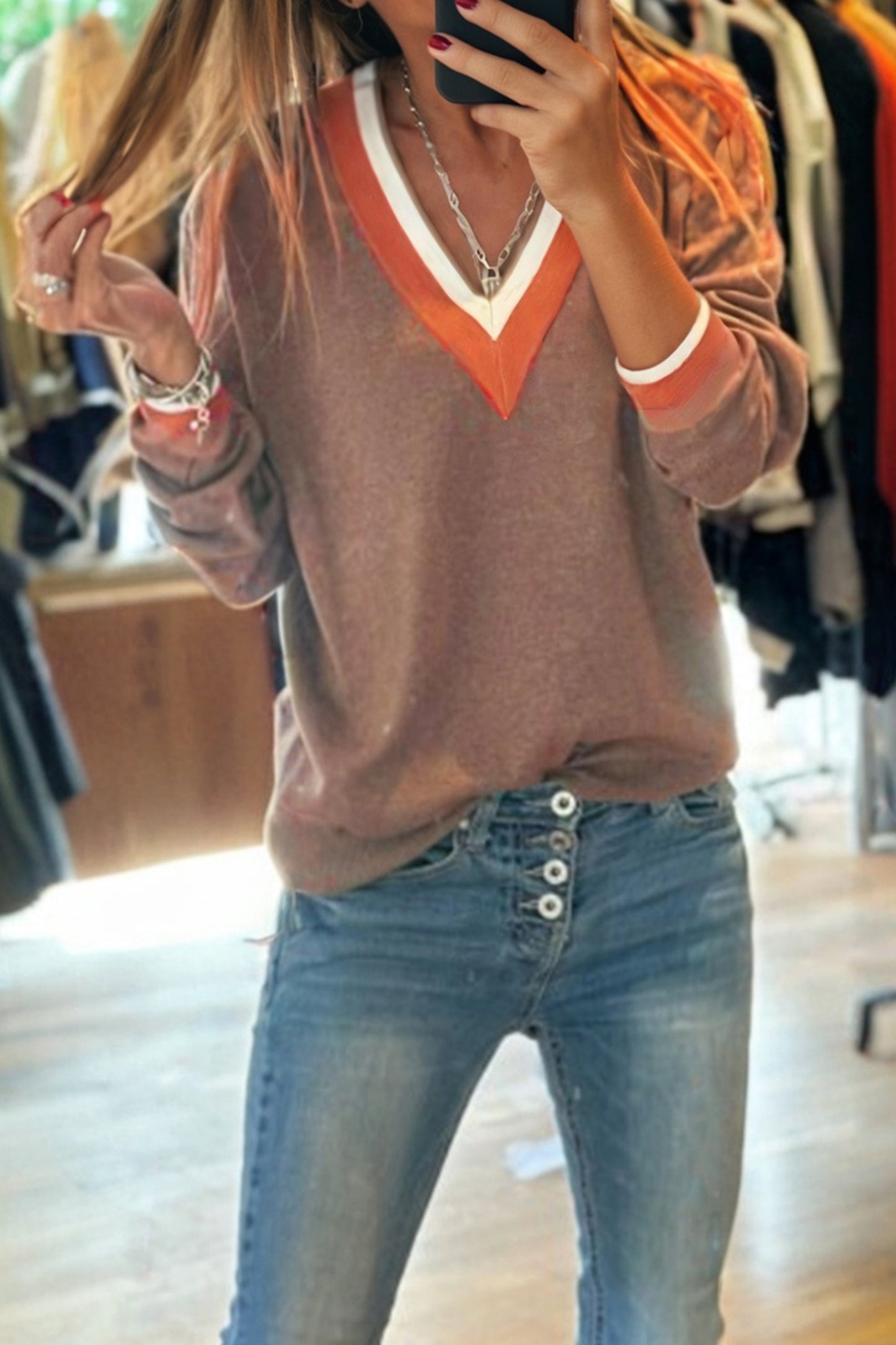 Gray Varsity Striped-Trim Sweater