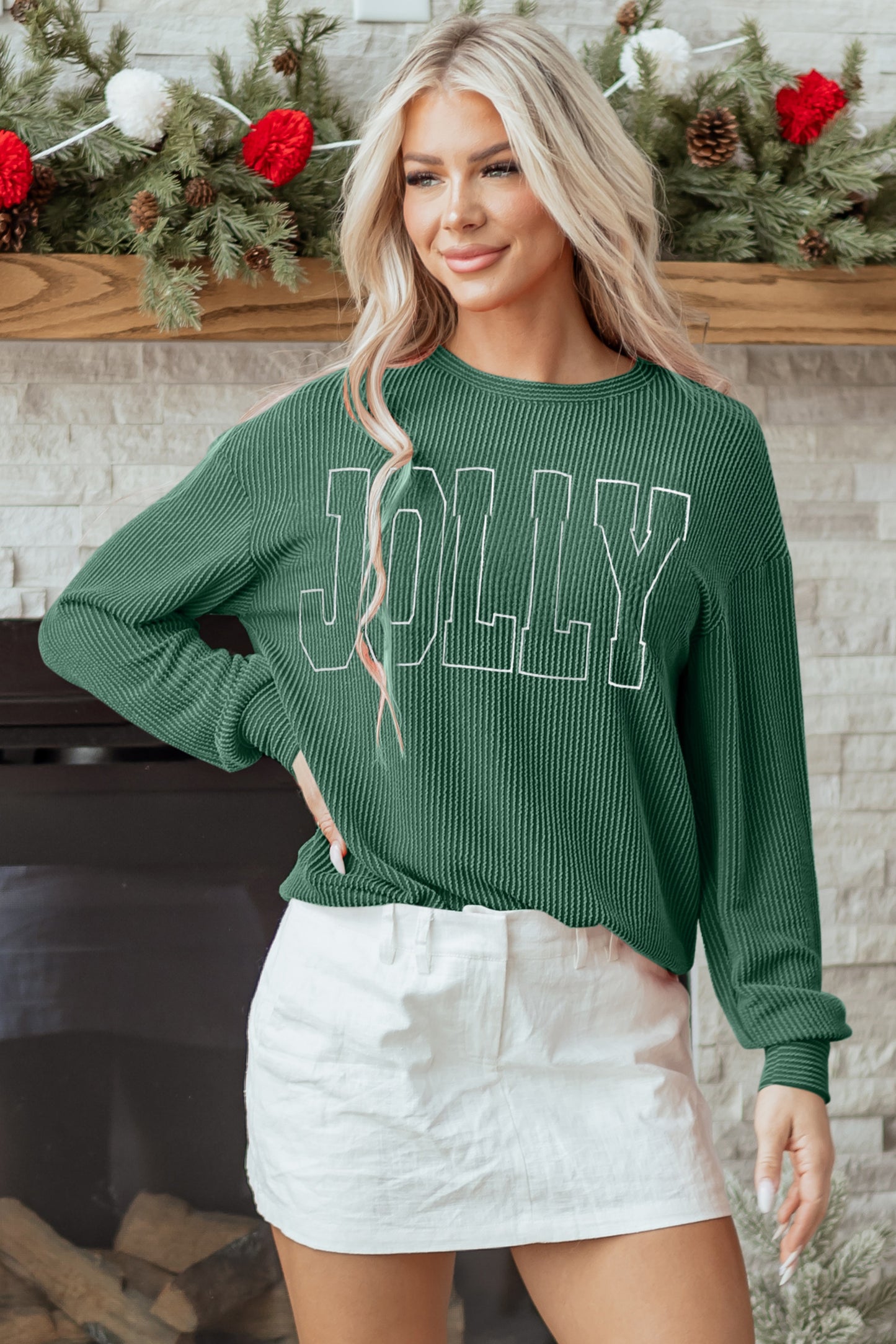 Blackish Green Twisted Rib Outlined Merry Letter Graphic Loose Long-Sleeve Top