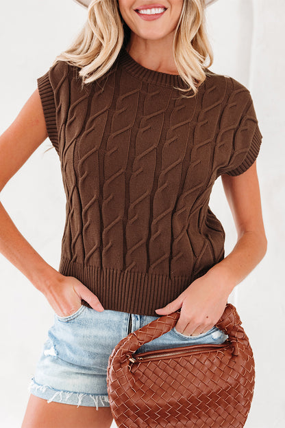Dark Brown Cable-Knit Short-Sleeve Sweater