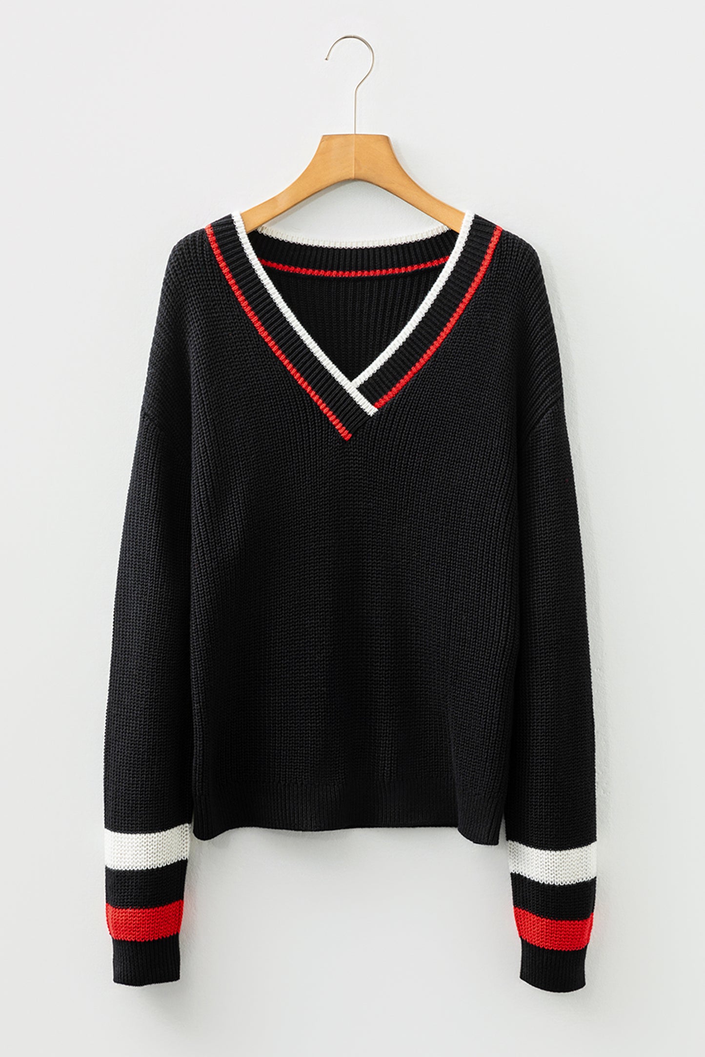 Black Striped-Trim V-Neck Sweater