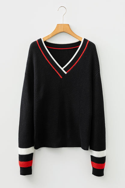 Black Striped-Trim V-Neck Sweater