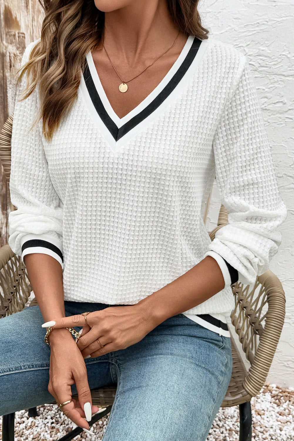 White Waffle-Knit Striped-Trim V-Neck Top