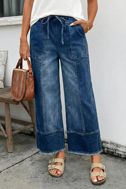 Prussian Blue Drawstring Seam Detail Raw Hem Wide-Leg Denim Pants