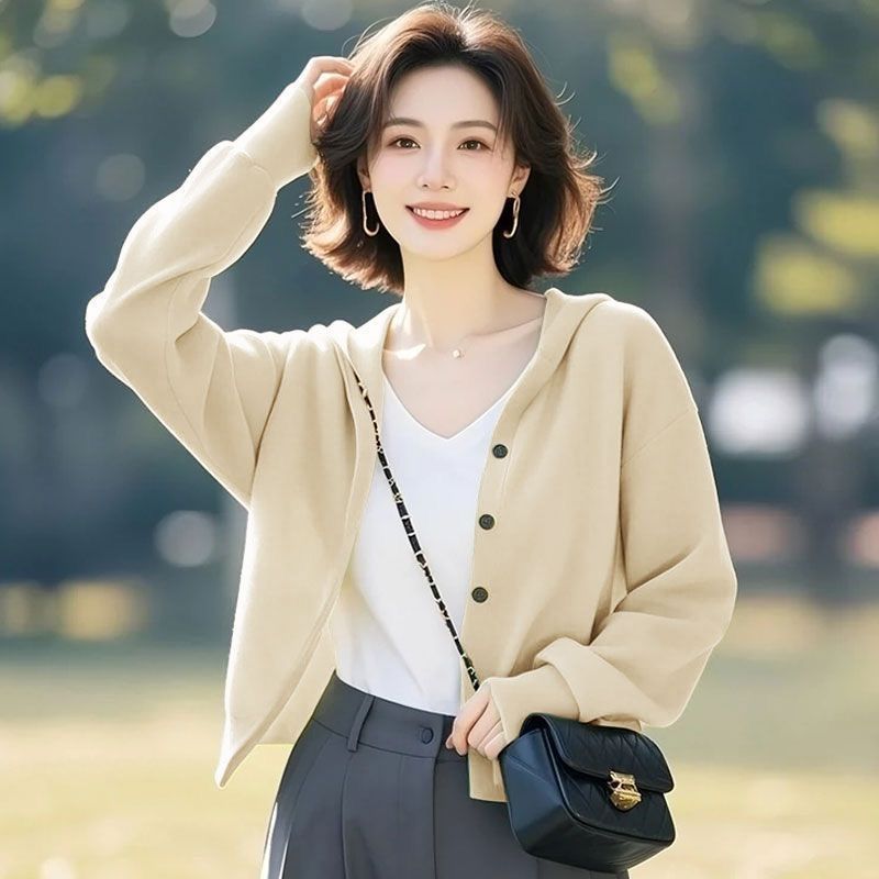 Casual Loose Hooded Cardigan Sweatshirt for Women, Korean Style,  Outerwear Top