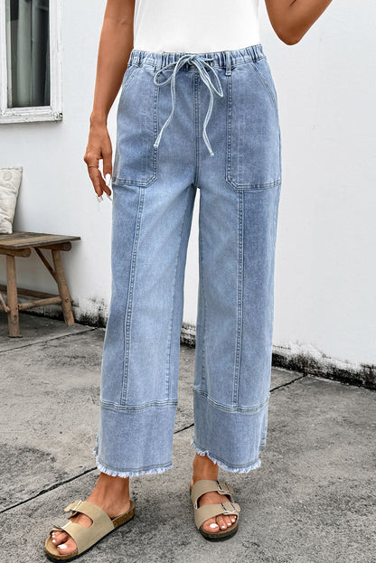 Prussian Blue Drawstring Seam Detail Raw Hem Wide-Leg Denim Pants