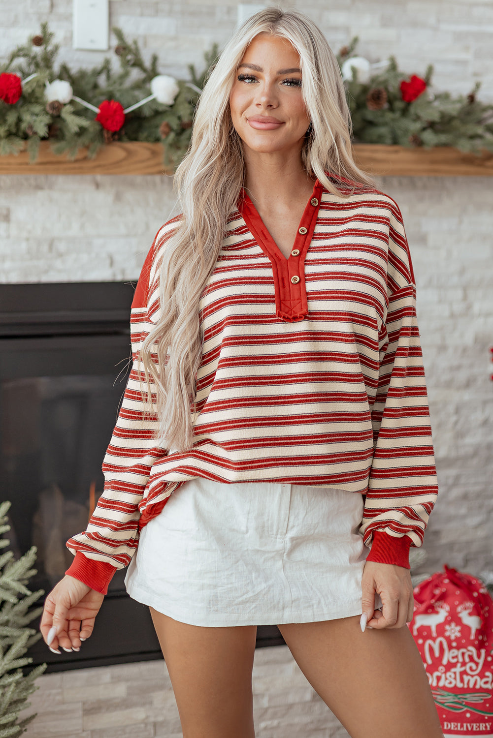 Pink Stripe Buttoned V-Neck Collared Drop-Shoulder Top