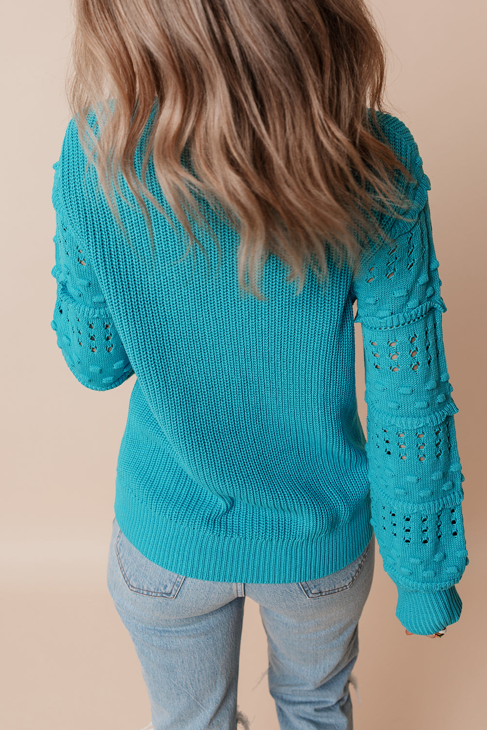 Turquoise Ruffle Eyelet Bubble-Sleeve Sweater