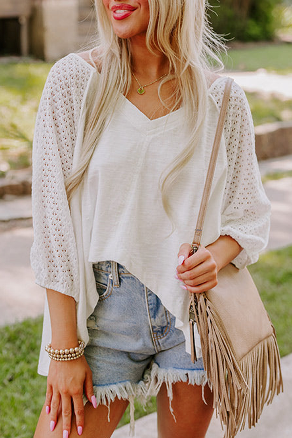 White Eyelet Patchwork Oversized V-Neck Blouse