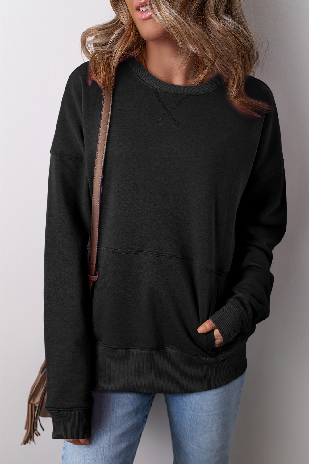 Black Crisscross-Stitch Pocket Sweatshirt