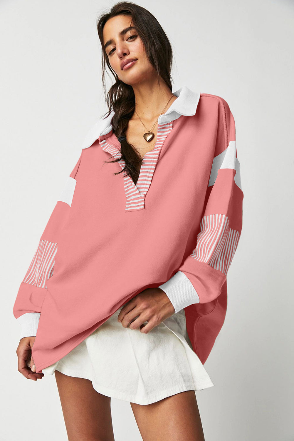 Pink Stripe Color-Block Patchwork Sweatshirt
