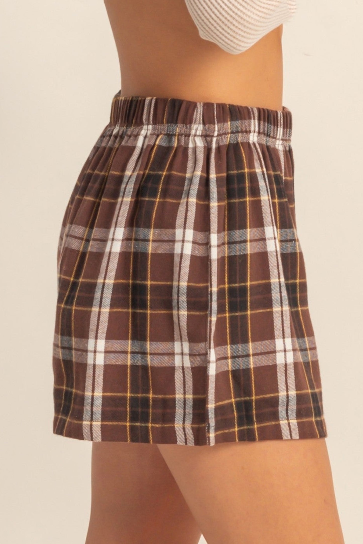 Brown Plaid Button-Front Shorts