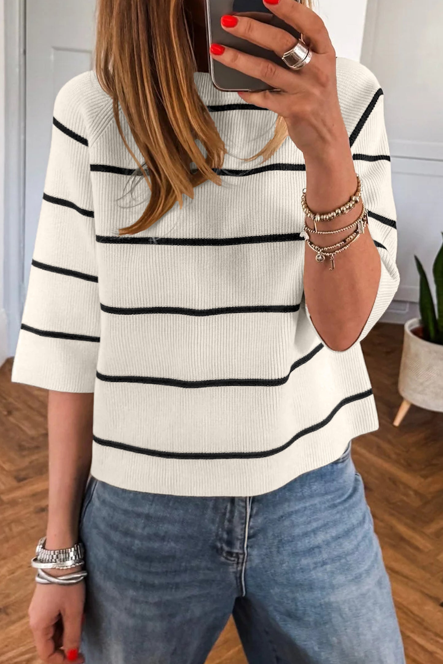 White Stripe Ribbed Short-Sleeve Knit Top