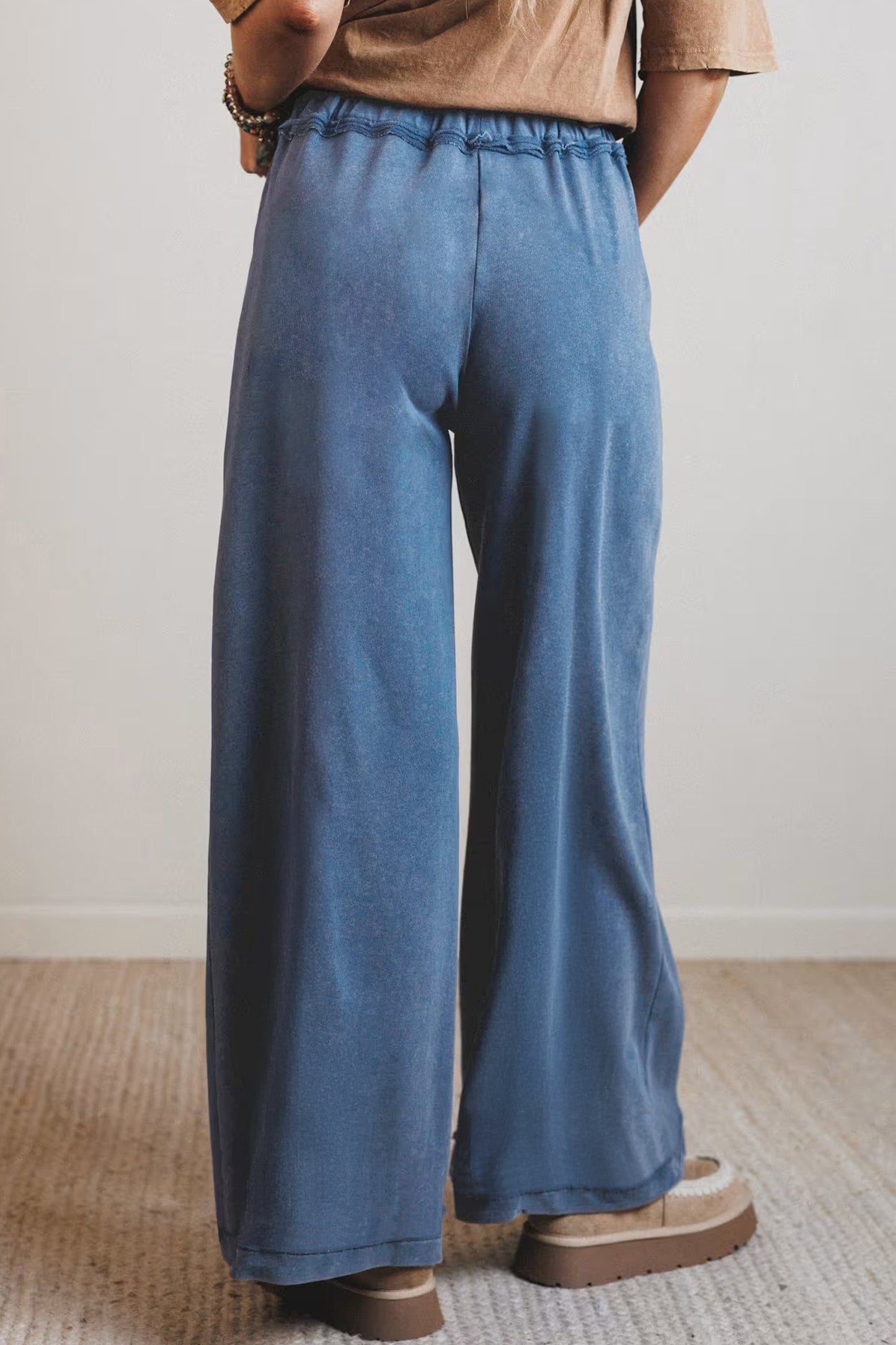 Smoke Gray Mineral Wash Drawstring Retro High-Waist Wide-Leg Pants