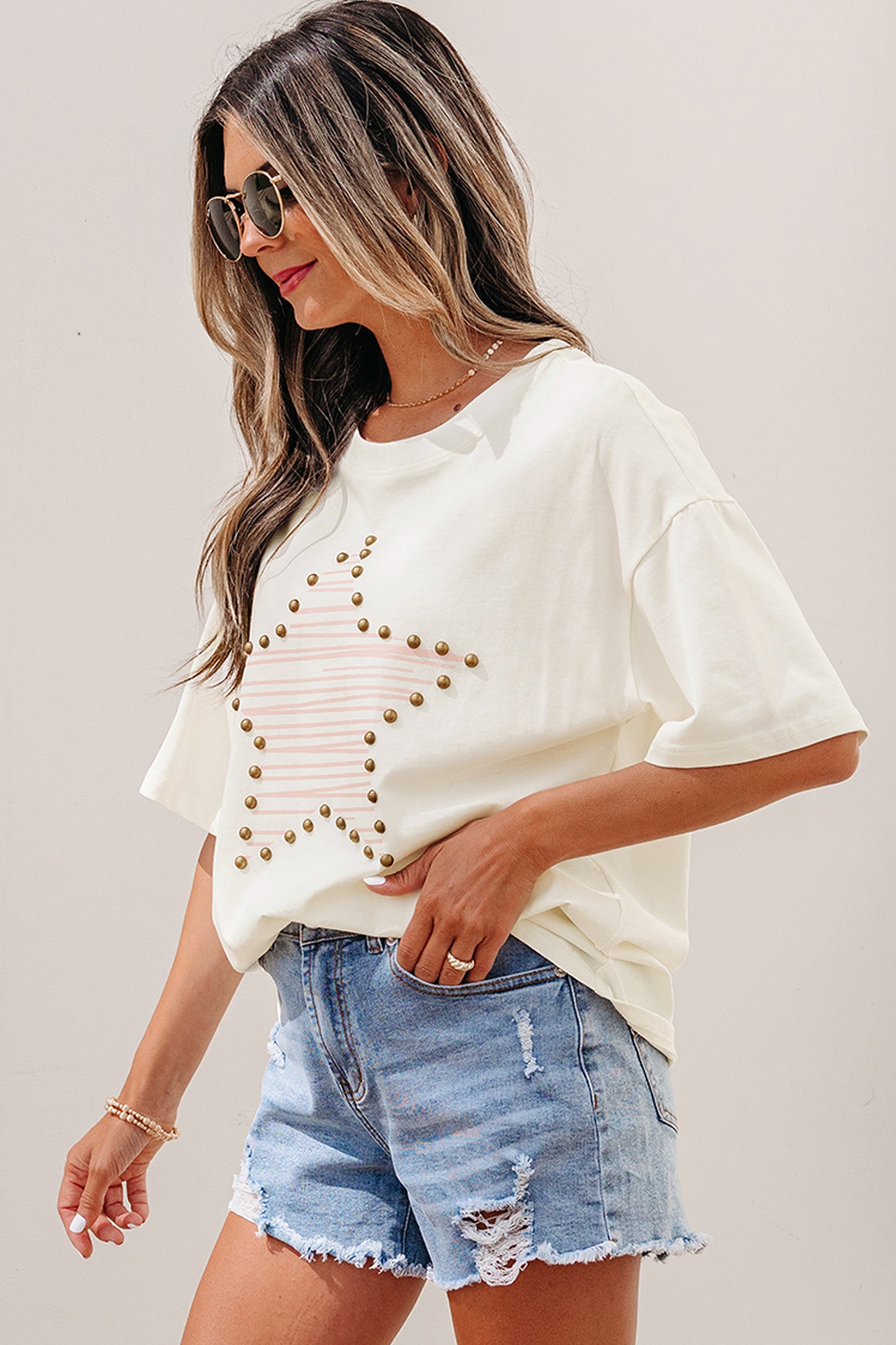 Beige Star Print Stud Detail Cotton Jersey Top
