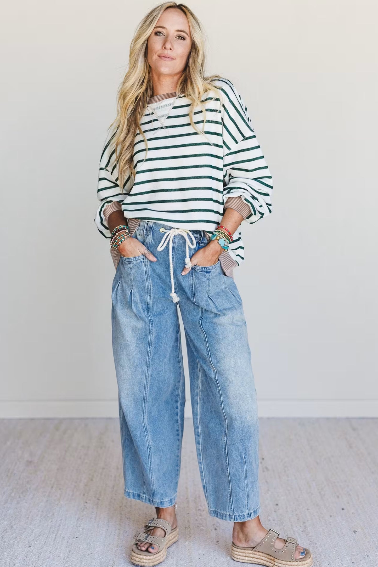 White Striped Contrast-Trim Sweatshirt
