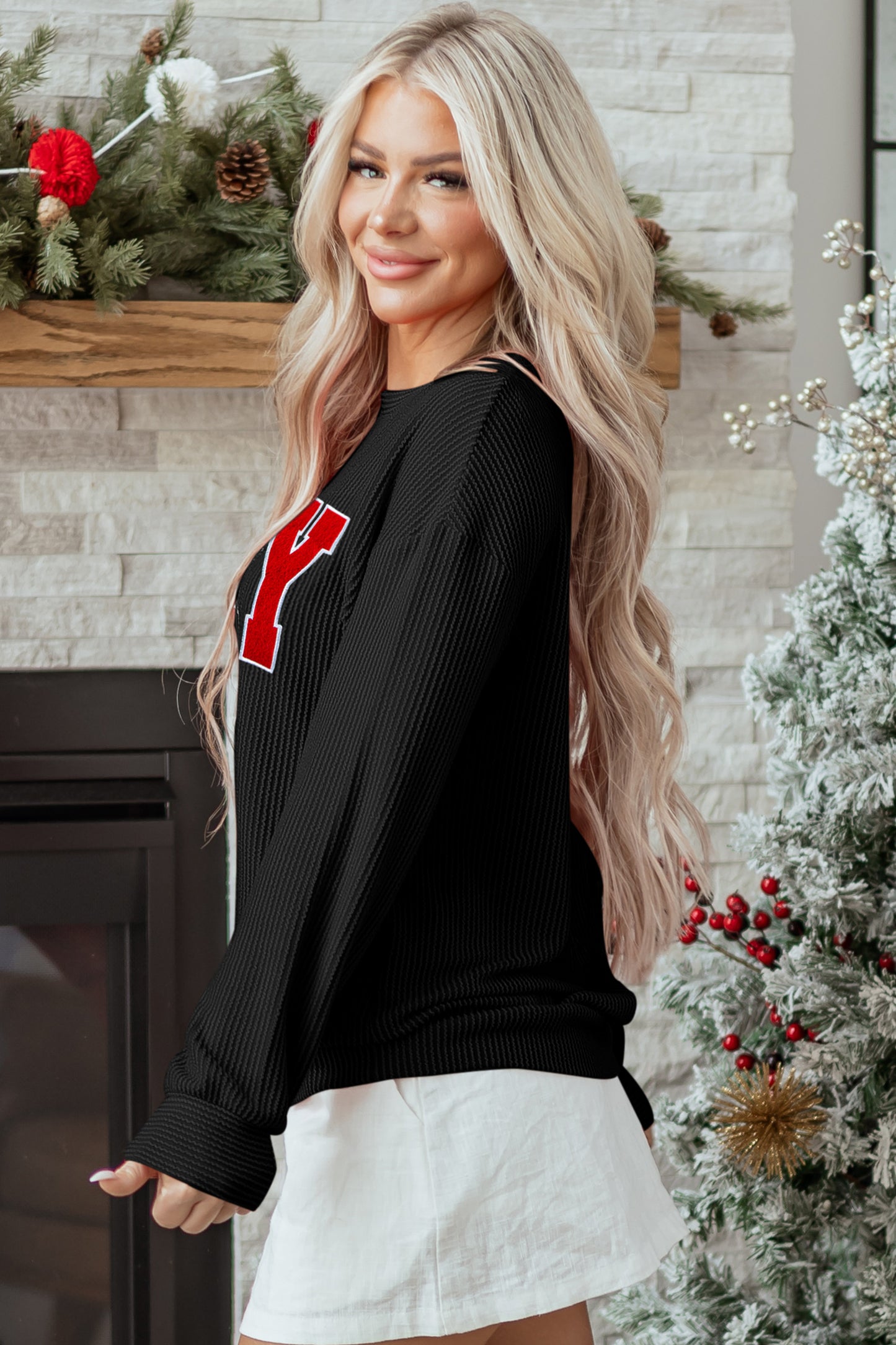 Blackish Green Twisted Rib Outlined Merry Letter Graphic Loose Long-Sleeve Top