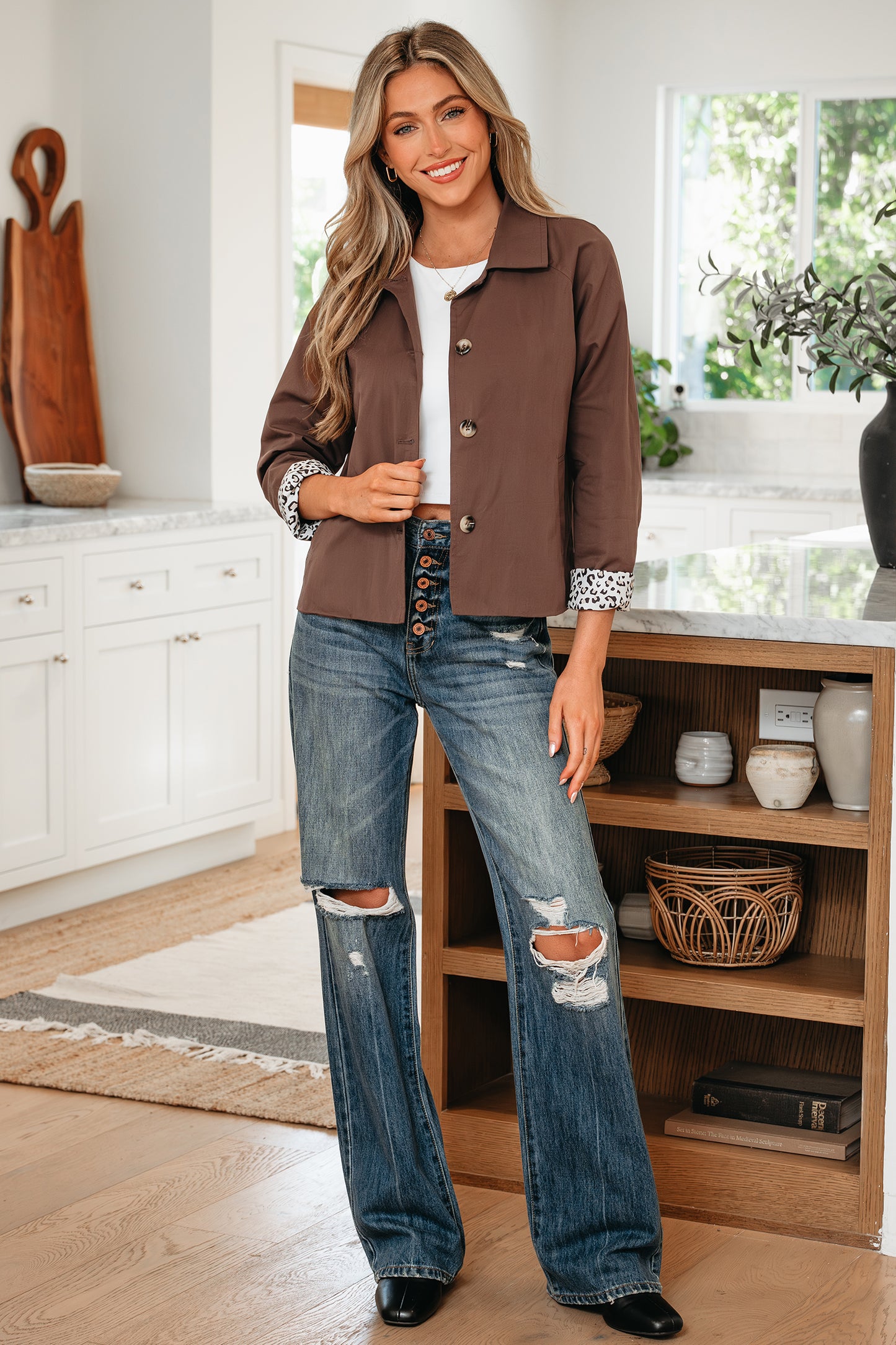 Dark Brown Leopard-Trim Cropped Jacket
